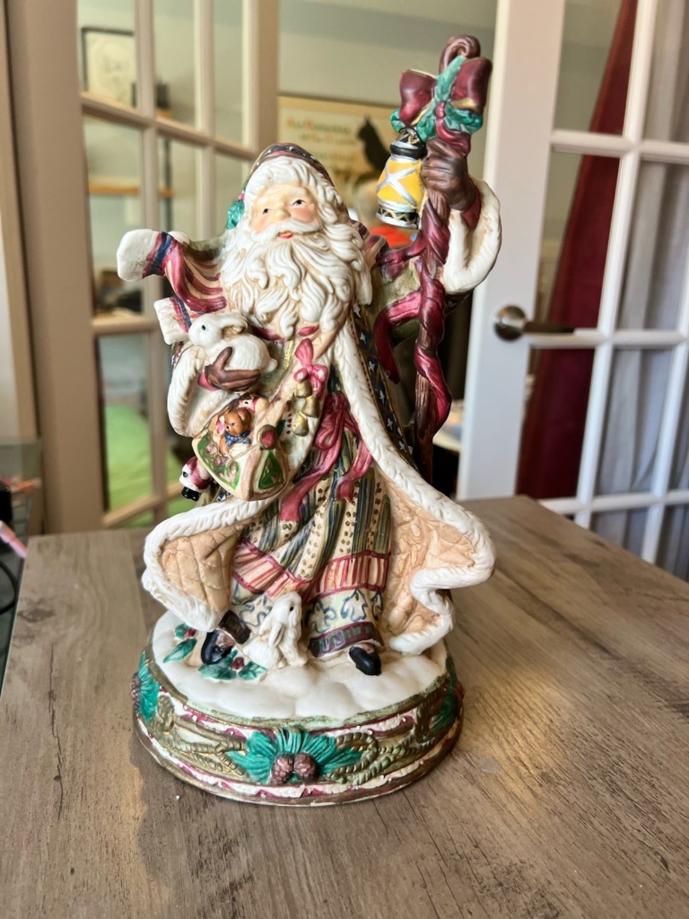 Holiday Santa Figurine in Red, Cream and Green - musical box